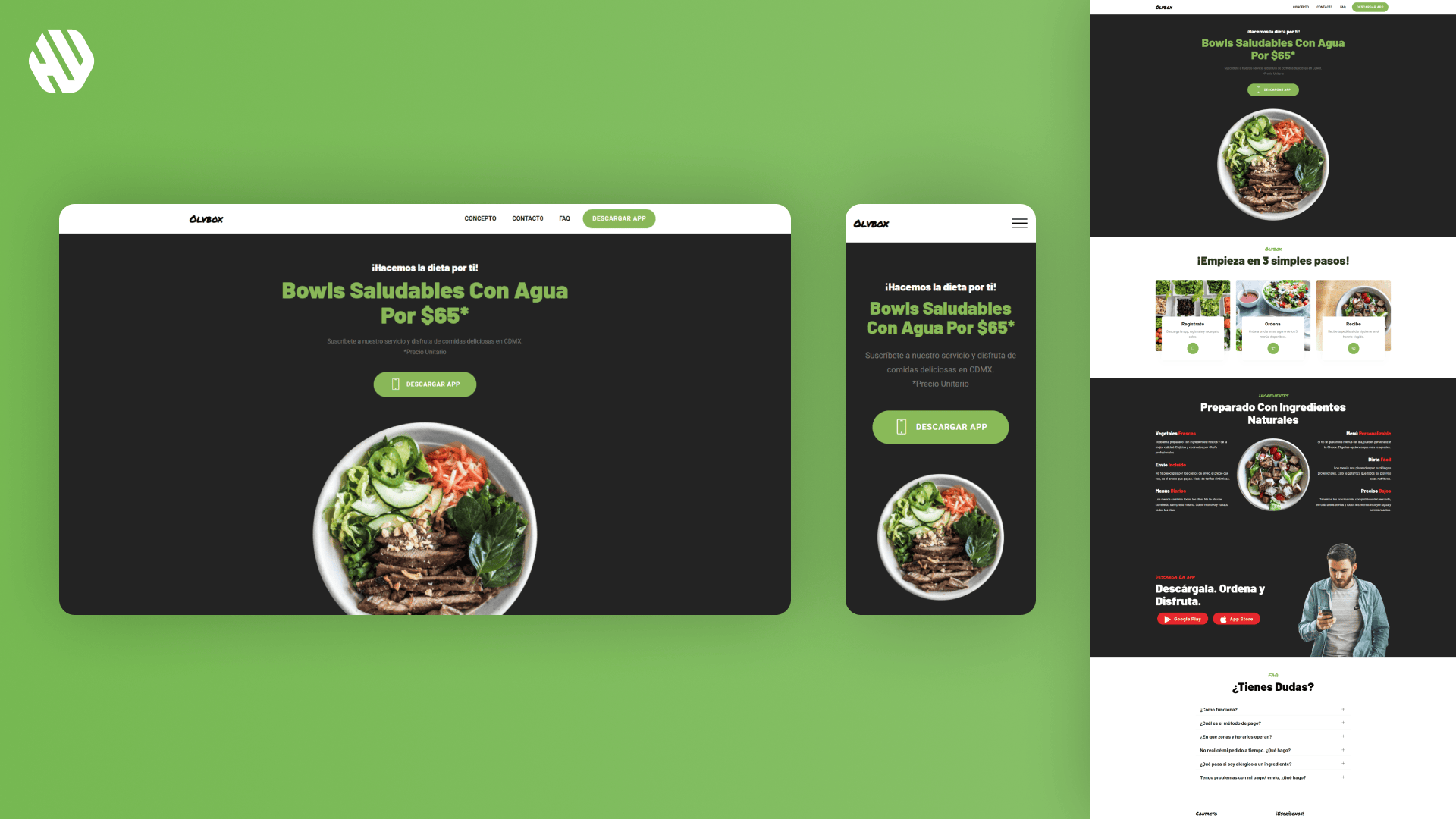 A computer and a phone displaying Olvox brand's healthy bowl meals on their website.